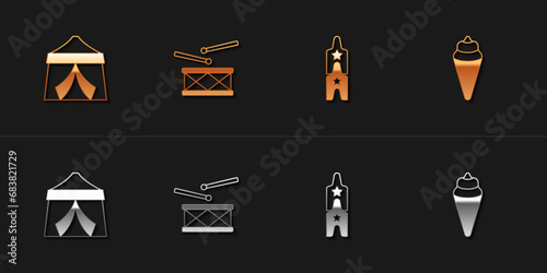 Set Circus tent, Drum with drum sticks, ticket and Ice cream in waffle cone icon. Vector