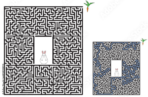 Big labyrinth with rabbit inside. Find the way out logic game. Hard difficulty level maze with bunny and carrot. Adult and children quiz isolated on white background with passing route