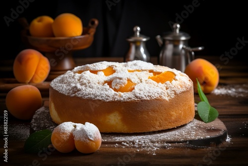 Apricot sponge cake. Sweet bakery dessert with fresh apricot fruits. Generate AI