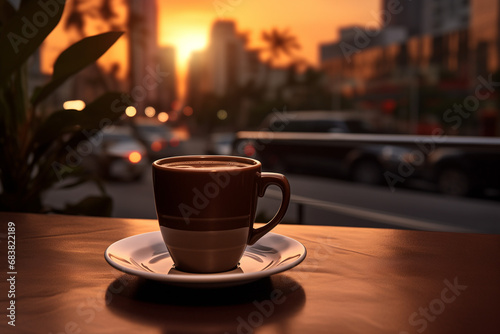 Morning coffee  Enjoying a Cup of Coffee at an Outdoor Caf   with a Blurred City Street Background. Relishing the Aroma and Tranquility of a Perfectly Brewed Coffee Amidst Urban Bustle