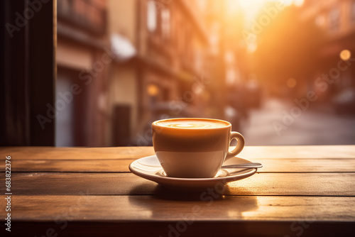 Morning coffee: Enjoying a Cup of Coffee at an Outdoor Café with a Blurred City Street Background. Relishing the Aroma and Tranquility of a Perfectly Brewed Coffee Amidst Urban Bustle