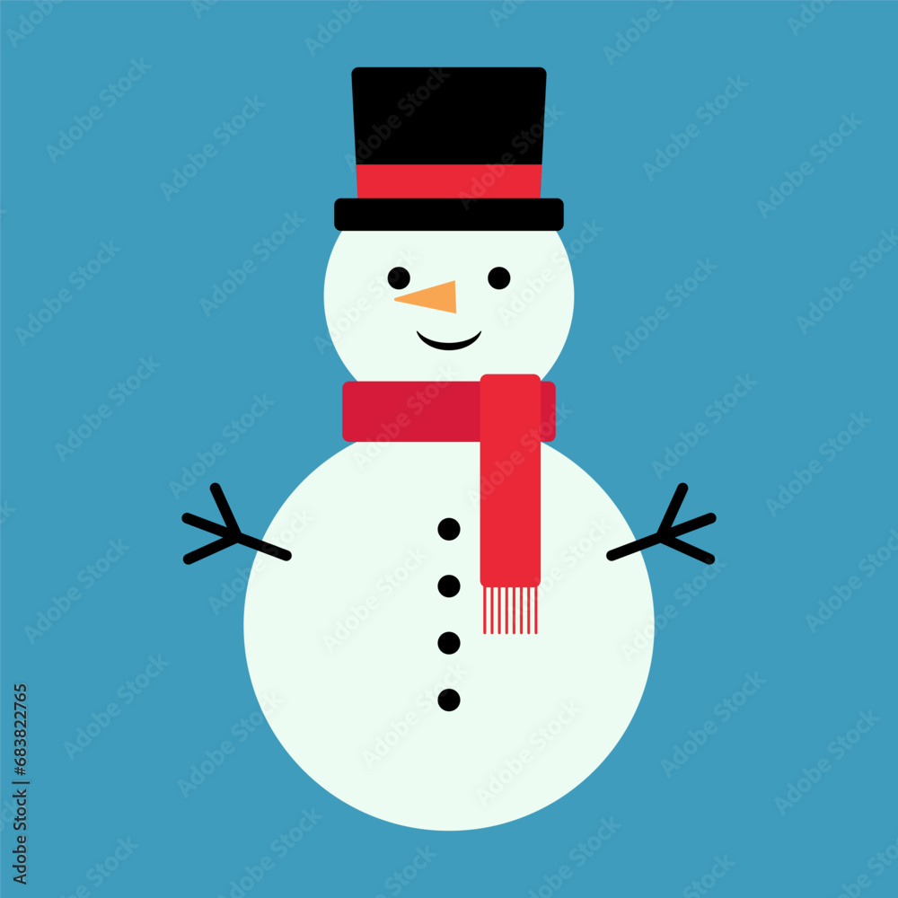Snowman with a scarf isolated in a blue-gray background. Flat design. Vector illustration. Happy New Year Snowman with a scarf isolated in a blue-gray background. Flat design. Vector illustration. Happy New Year