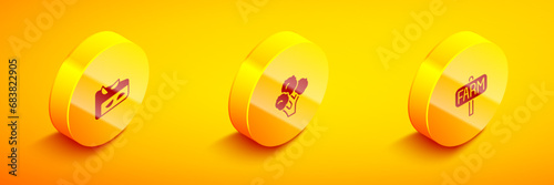 Set Isometric Homemade fruit pie, Broccoli and Location farm icon. Vector