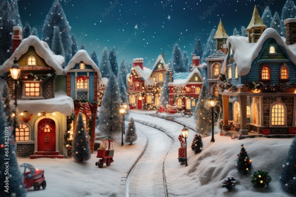 Snowy Christmas Village with Decorated Houses and Street Lights