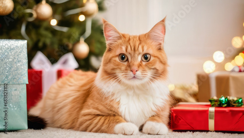 a portrait of a cute Christmas cat, soft light, Christmas background with giant presents and Christmas tree, cute animal, Xmas, funny, joy. Generative AI
