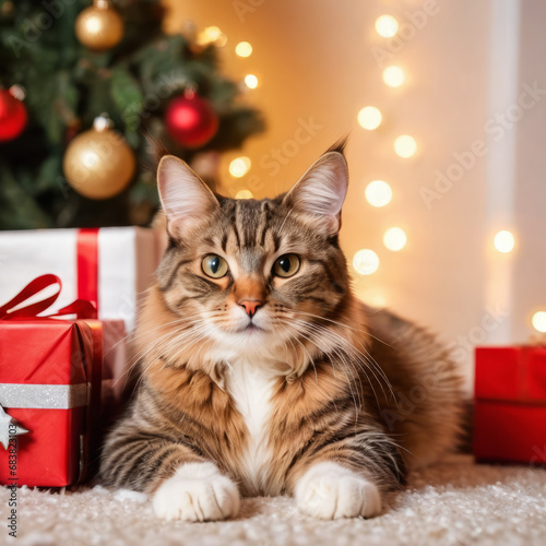 a portrait of a cute Christmas cat, soft light, Christmas background with giant presents and Christmas tree, cute animal, Xmas, funny, joy. Generative AI