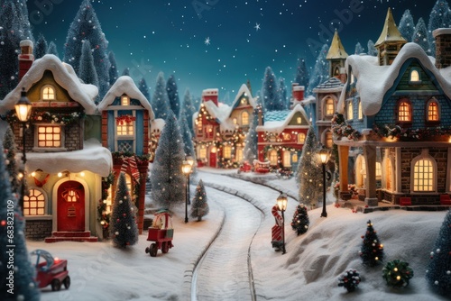 Snowy Christmas Village with Decorated Houses and Street Lights
