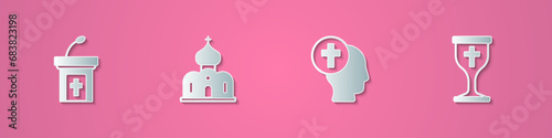 Set paper cut Church sermon tribune, building, Priest and Christian chalice icon. Paper art style. Vector