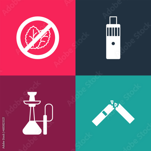 Set pop art Broken cigarette, Hookah, Vape mod device and No tobacco leaf icon. Vector