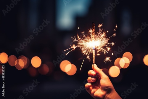Hand holding burning Sparkler blast on a black bokeh background at night,holiday celebration event party