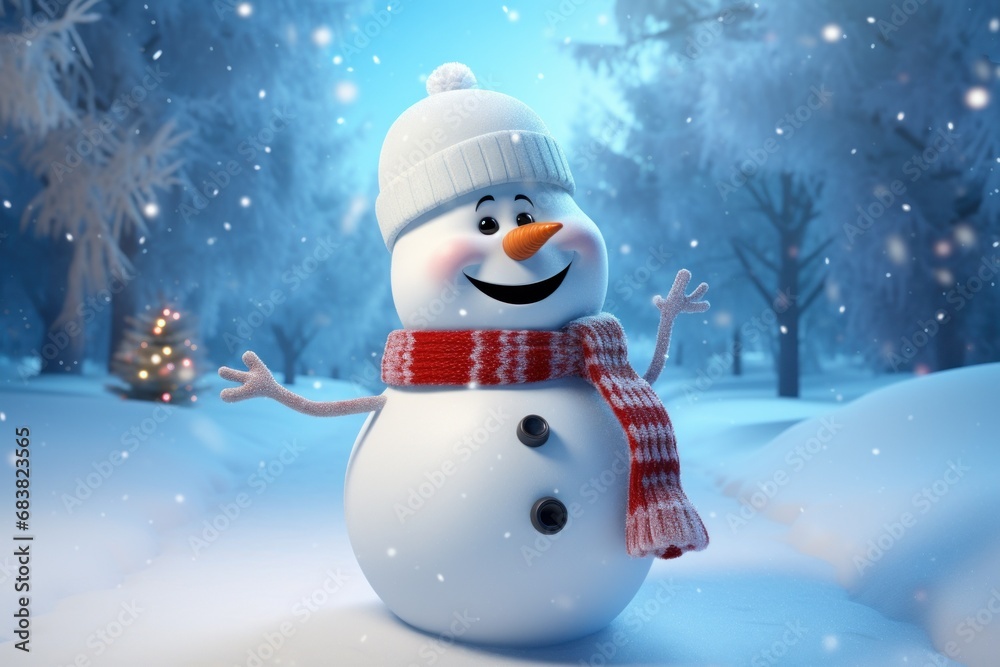 3D Snowman Character Welcoming New Year on Winter Background