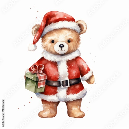 Generative AI. watercolor clipart teddy bear, wearing Santa Claus costume. © taelefoto