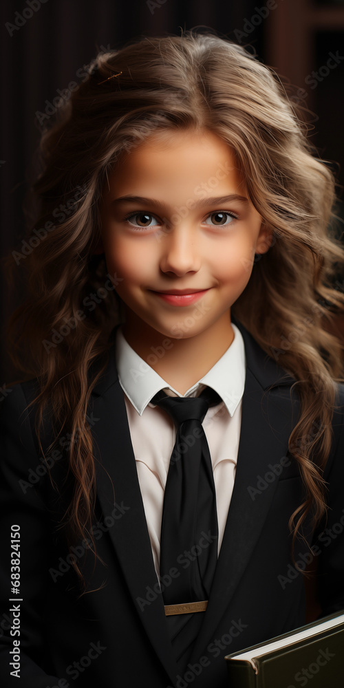 Hübsches Schulkind Mädchen in Uniform mit Krawatte lacht in die Kamera Porträt im Querformat für Banner, ai generativ Hübsches Schulkind Mädchen in Uniform mit Krawatte lacht in die Kamera Porträt im Querformat für Banner, ai generativ