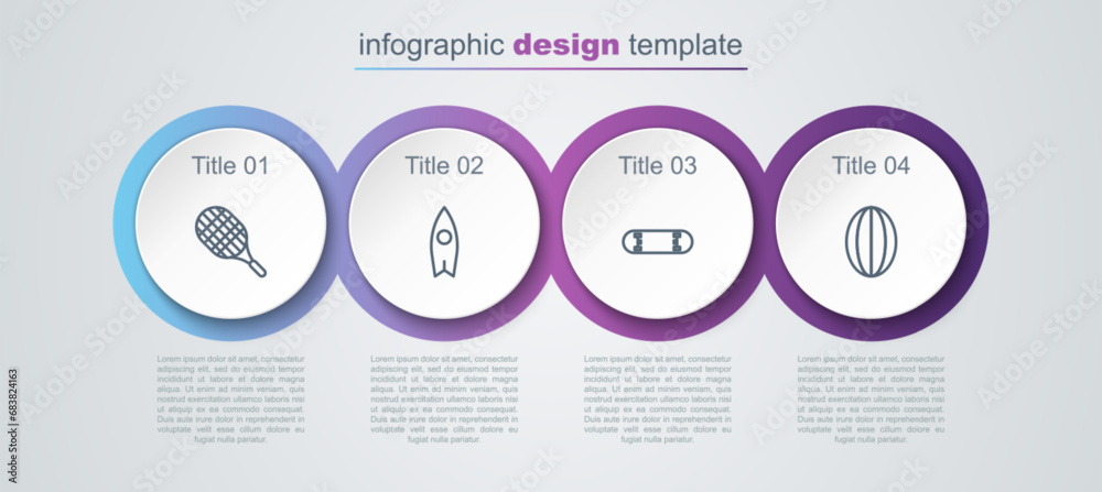 Set line Tennis racket, Surfboard, Skateboard trick and Rugby ball. Business infographic template. Vector Set line Tennis racket, Surfboard, Skateboard trick and Rugby ball. Business infographic template. Vector