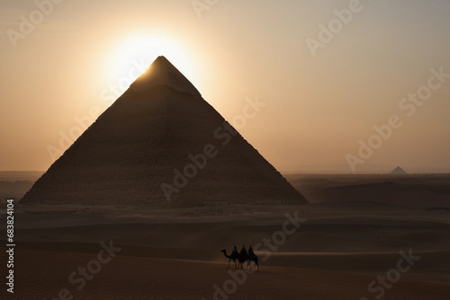 The sun dipping just behind the tip of the Great Pyramids of Giza as sunset settles on the ancient land of Egypt, creating a majestic and breathtaking view for tourist on camel rides passing thru. photo
