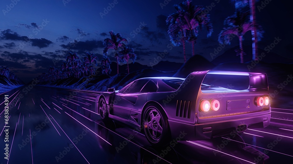 3d render Car and background neon retro wave 80s style