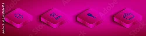 Set Isometric line Piece of puzzle, Business strategy, Kitchen whisk and Cooking pot icon. Vector