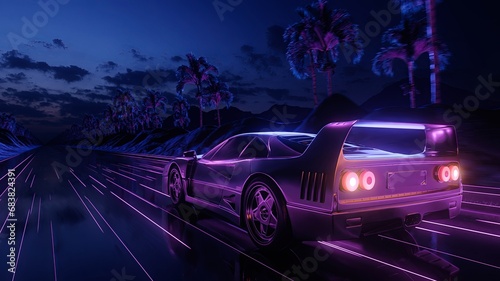 3d render Car and background neon retro wave 80s style