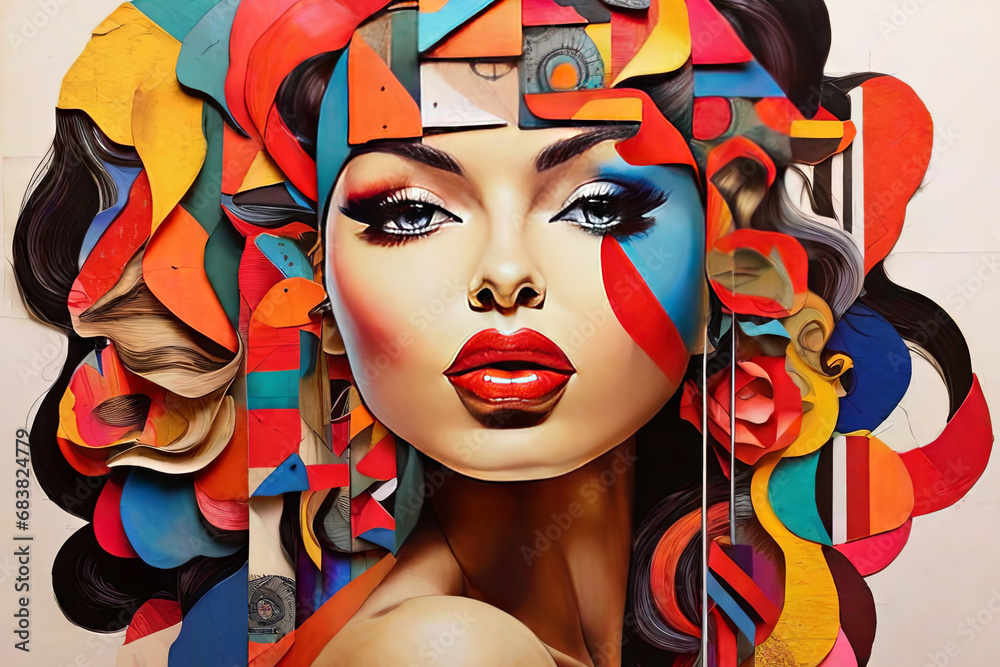 Obraz premium Vibrant women's face collage Expressive colorful stock photo for impactful visuals Discover dynamic diversity in this captivating image