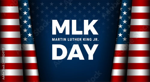 MLK Day typography greeting card design. Martin Luther King Jr. Day lettering and the US flag, dark blue vector background