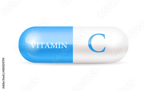 Capsule vitamin C (Thiamine) structure Blue, white. 3D Vitamin complex with chemical formula. Personal care, beauty concept. Vector Illustration. transparent capsule pill. Drug business concept.	