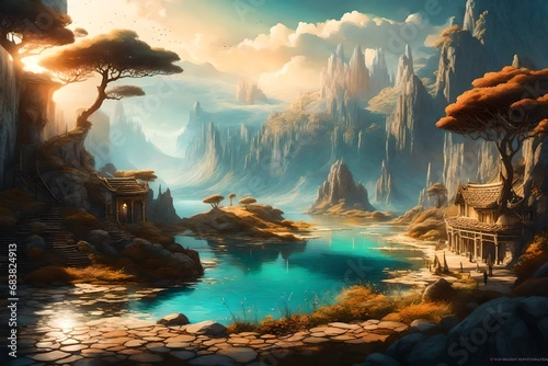 Beautiful fantasy landscape depicted in an artistic concept artwork  surrealism. Dreamy  delicate design with backdrop illustration.