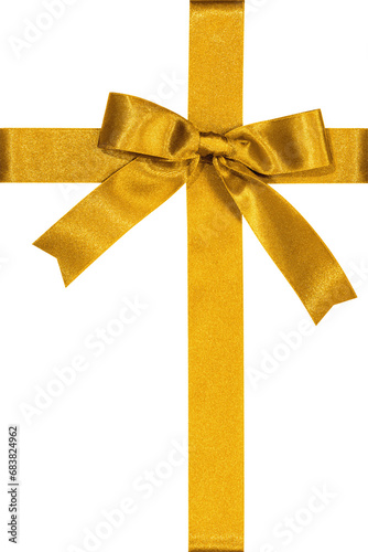 Gold bow satin golden ribbon cross band stripe silky fabric (isolated on white background with clipping path) for Christmas holiday gift box present wrap design decoration ornament element