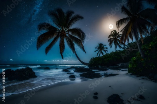 Moonlit scenery, empty shoreline, palm tree, and night sky.