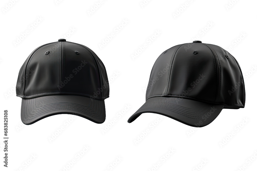 two plain black baseball cap on transparent background two plain black baseball cap on transparent background