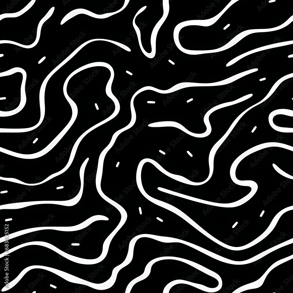 Minimalist topographic seamless pattern with fluid wavy curved lines. White simple flat line art on black background texture. For graphic design, printing, postcard, poster, paper Minimalist topographic seamless pattern with fluid wavy curved lines. White simple flat line art on black background texture. For graphic design, printing, postcard, poster, paper