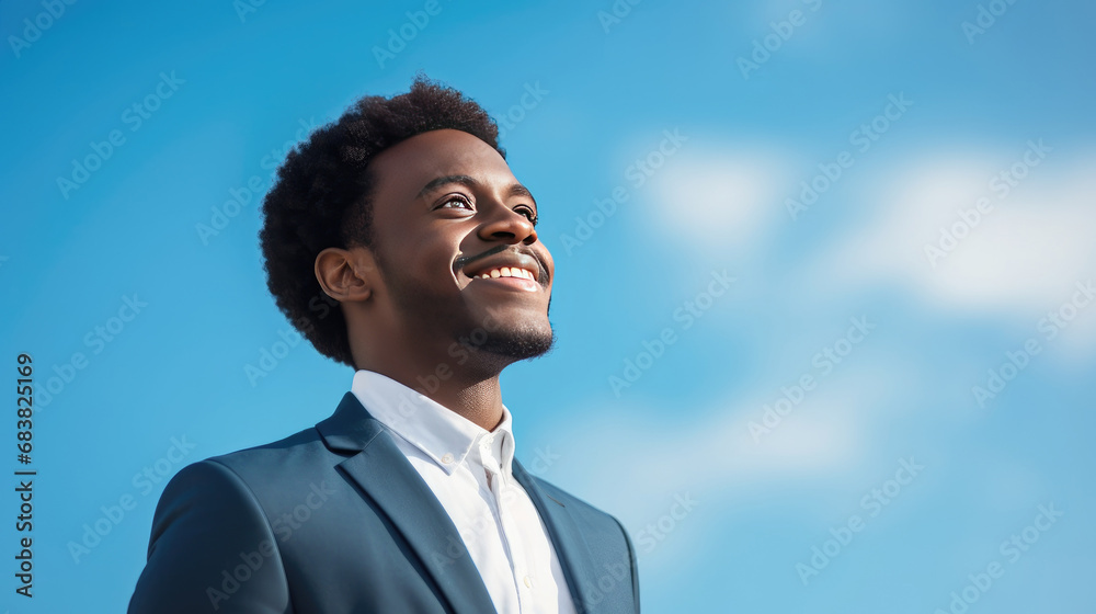 Headshot of successful African American businessman looking away and smiling against blue sky background Headshot of successful African American businessman looking away and smiling against blue sky background