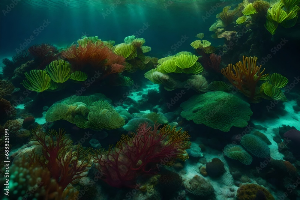 seafloor environment in the form of a fantasy, featuring incredibly colorful algae and plants.