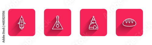 Set line Rocket ship, Balalaika, The Tsar bell and Bread loaf with long shadow. Red square button. Vector