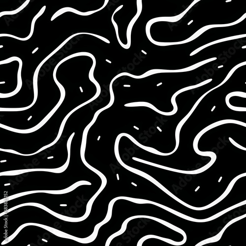 Minimalist topographic seamless pattern with fluid wavy curved lines. White simple flat line art on black background texture. For graphic design  printing  postcard  poster  paper