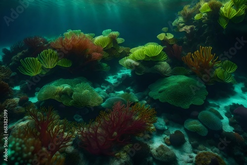 seafloor environment in the form of a fantasy  featuring incredibly colorful algae and plants.