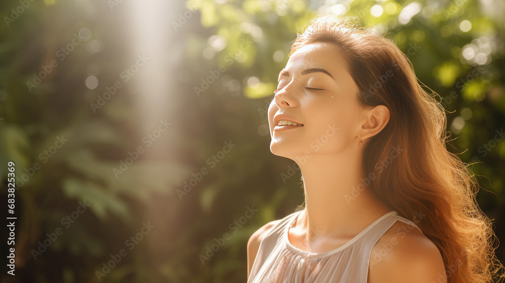 Headshot of a beautiful young girl breathing fresh air in a hazy park under the morning sun Headshot of a beautiful young girl breathing fresh air in a hazy park under the morning sun