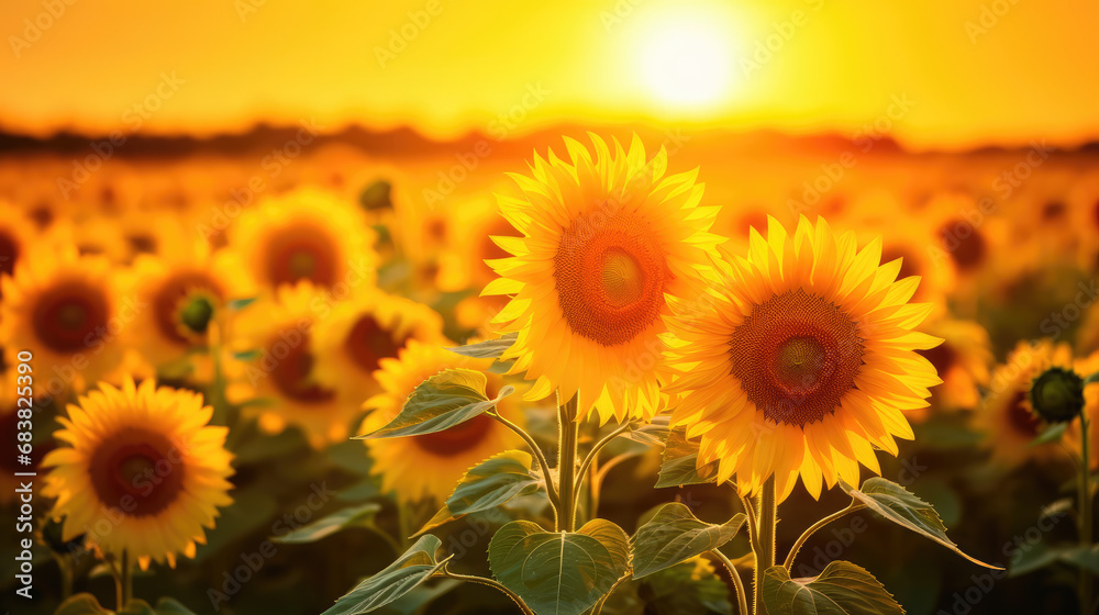 Wide field of sunflowers in summer sunset, panorama blur background. Autumn or summer sunflowers background. Shallow depth of field.
