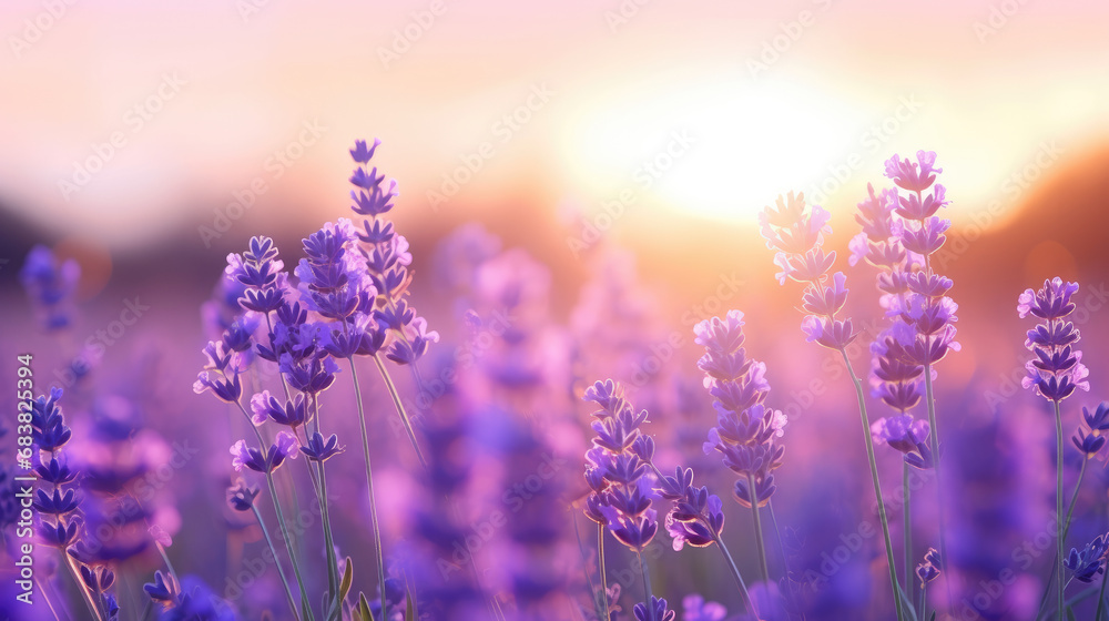 Wide field of lavender in summer sunset, panorama blur background. Autumn or summer lavender background. Shallow depth of field. Wide field of lavender in summer sunset, panorama blur background. Autumn or summer lavender background. Shallow depth of field.