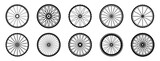  Bike wheels icon collection. Bicycle wheel silhouettes. Bicycle wheel icon set. Bicycle tyres.