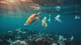 pollution of the ocean, sea turtle swims in water littered with plastic bags, environmental crisis, banner
