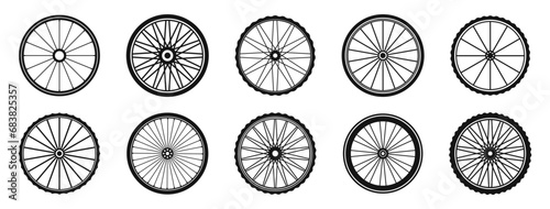  Bike wheels icon collection. Bicycle wheel silhouettes. Bicycle wheel icon set. Bicycle tyres. photo