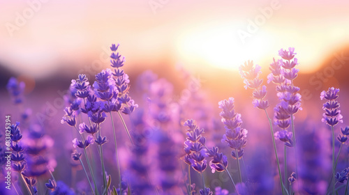 Wide field of lavender in summer sunset, panorama blur background. Autumn or summer lavender background. Shallow depth of field.