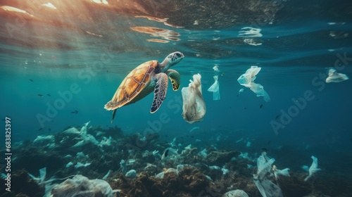 pollution of the ocean  sea turtle swims in water littered with plastic bags  environmental crisis  banner