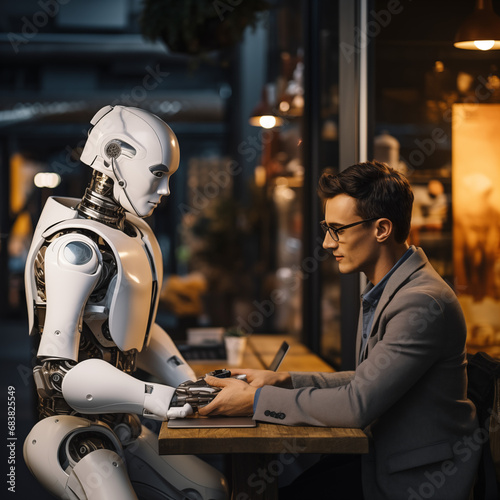 humanoid robot talking with a male human © filiz
