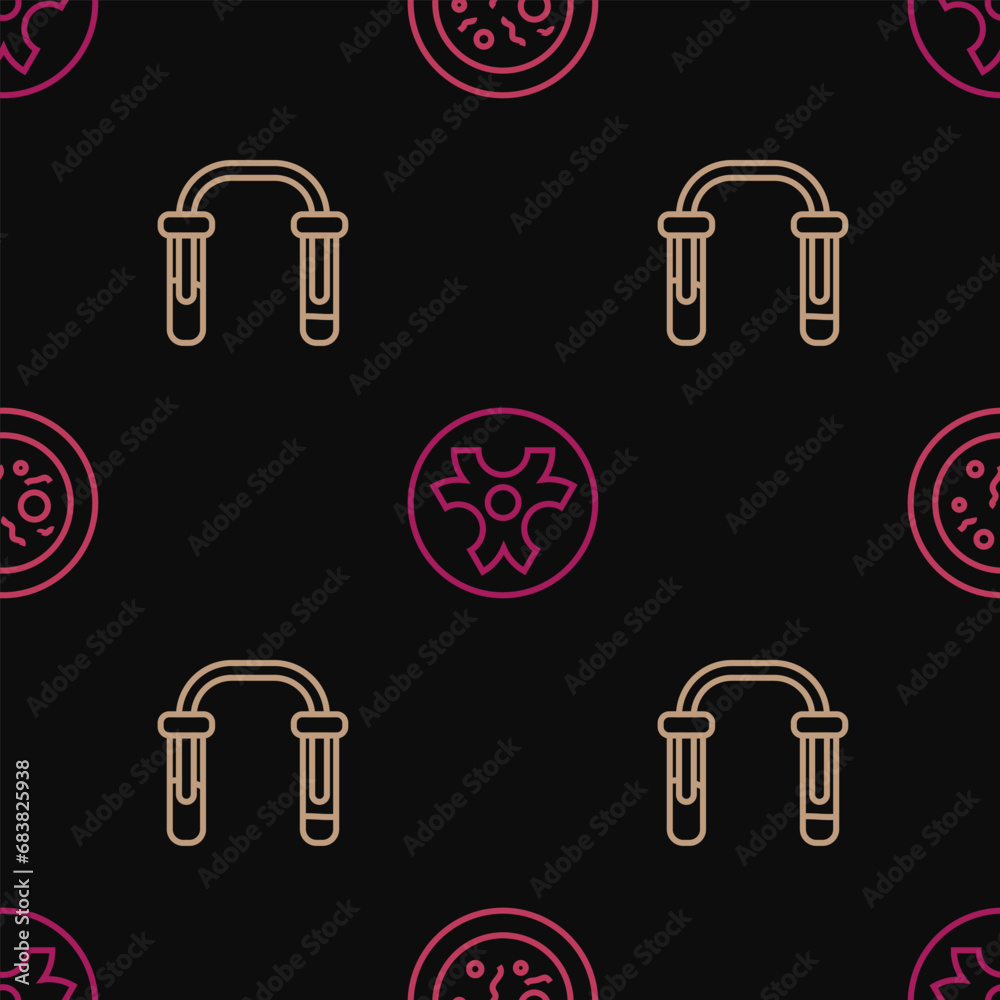 Set line Petri dish with bacteria, Test tube and flask and Biohazard symbol on seamless pattern. Vector Set line Petri dish with bacteria, Test tube and flask and Biohazard symbol on seamless pattern. Vector