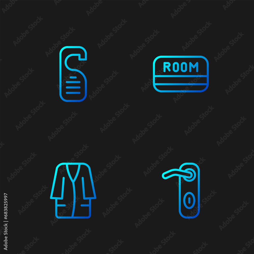 Set line Door handle, Bathrobe, Please do not disturb and Hotel key card. Gradient color icons. Vector