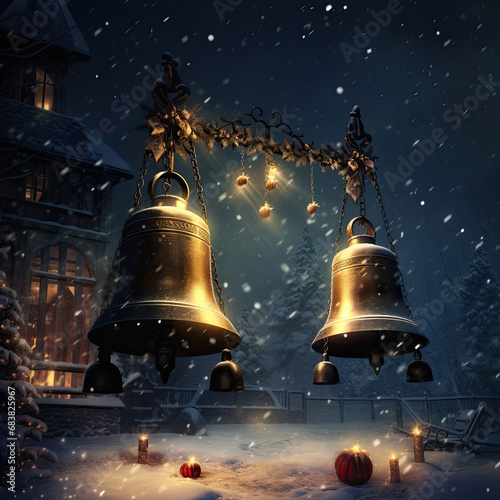 Christmas bells in the village. Christmas and New Year holidays background.