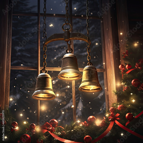 Christmas bells hanging on the window. Christmas background. 3d illustration