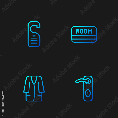 Set line Door handle, Bathrobe, Please do not disturb and Hotel key card. Gradient color icons. Vector