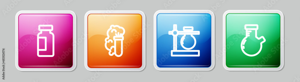 Set line Test tube and flask, Chemical explosion, stand and . Colorful square button. Vector Set line Test tube and flask, Chemical explosion, stand and . Colorful square button. Vector